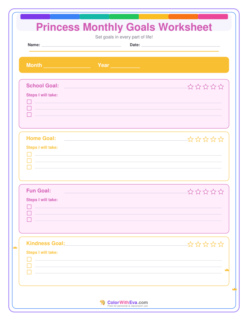 Princess Monthly Goals Worksheet preview