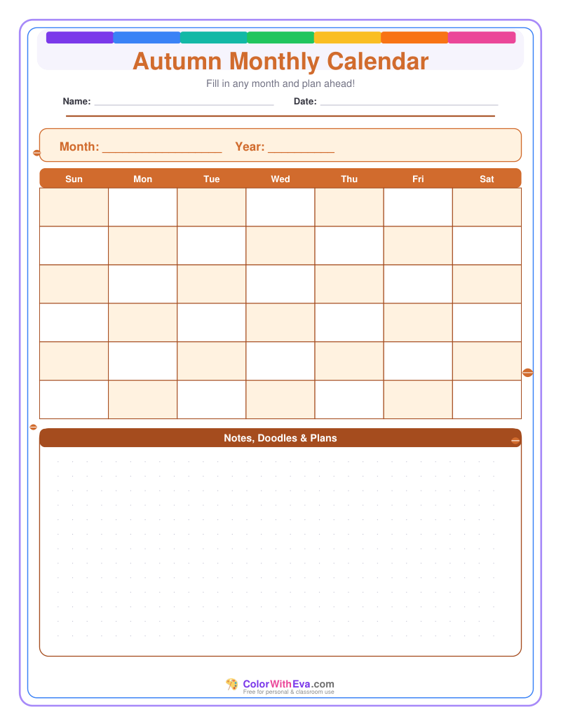 Autumn Monthly Calendar preview