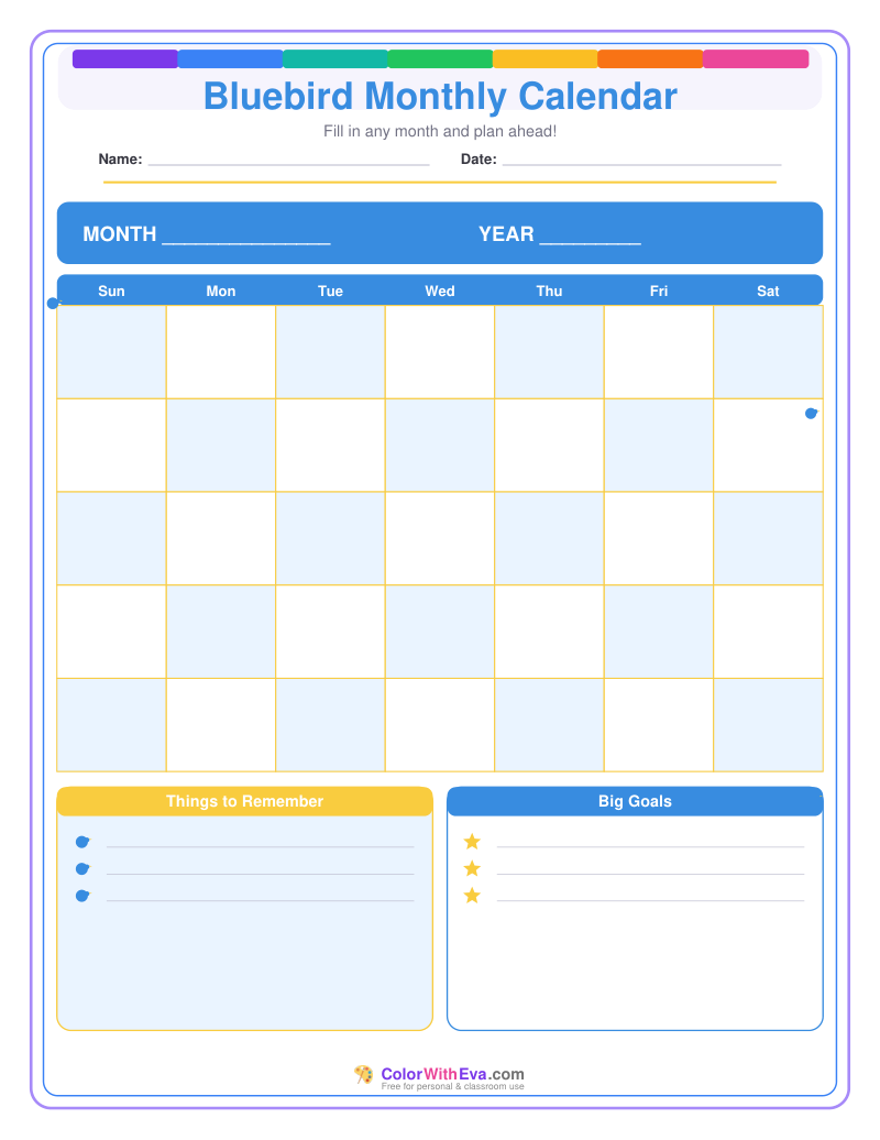 Bluebird Monthly Calendar preview