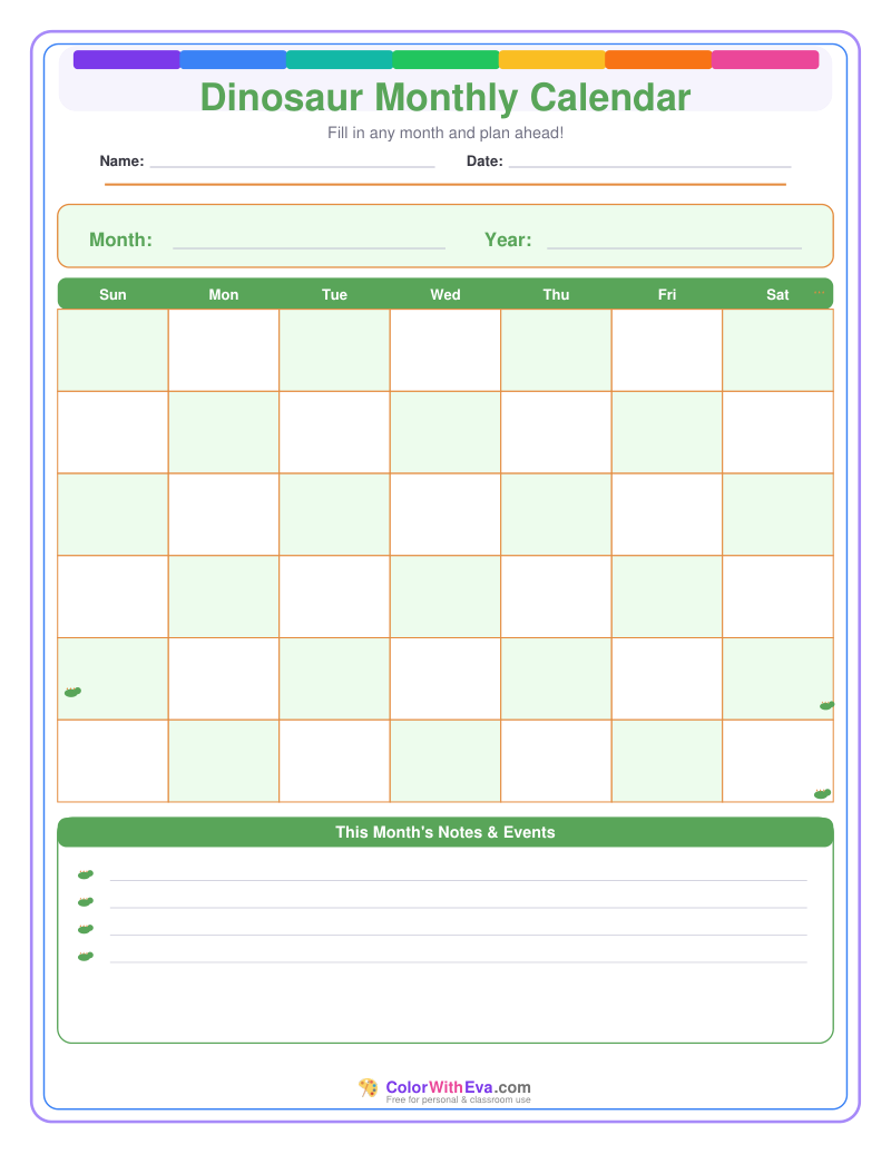 Dinosaur Monthly Calendar preview