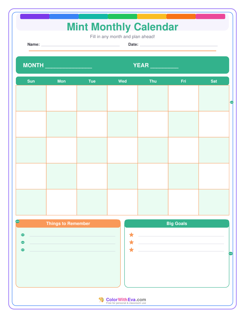 Mint Monthly Calendar preview