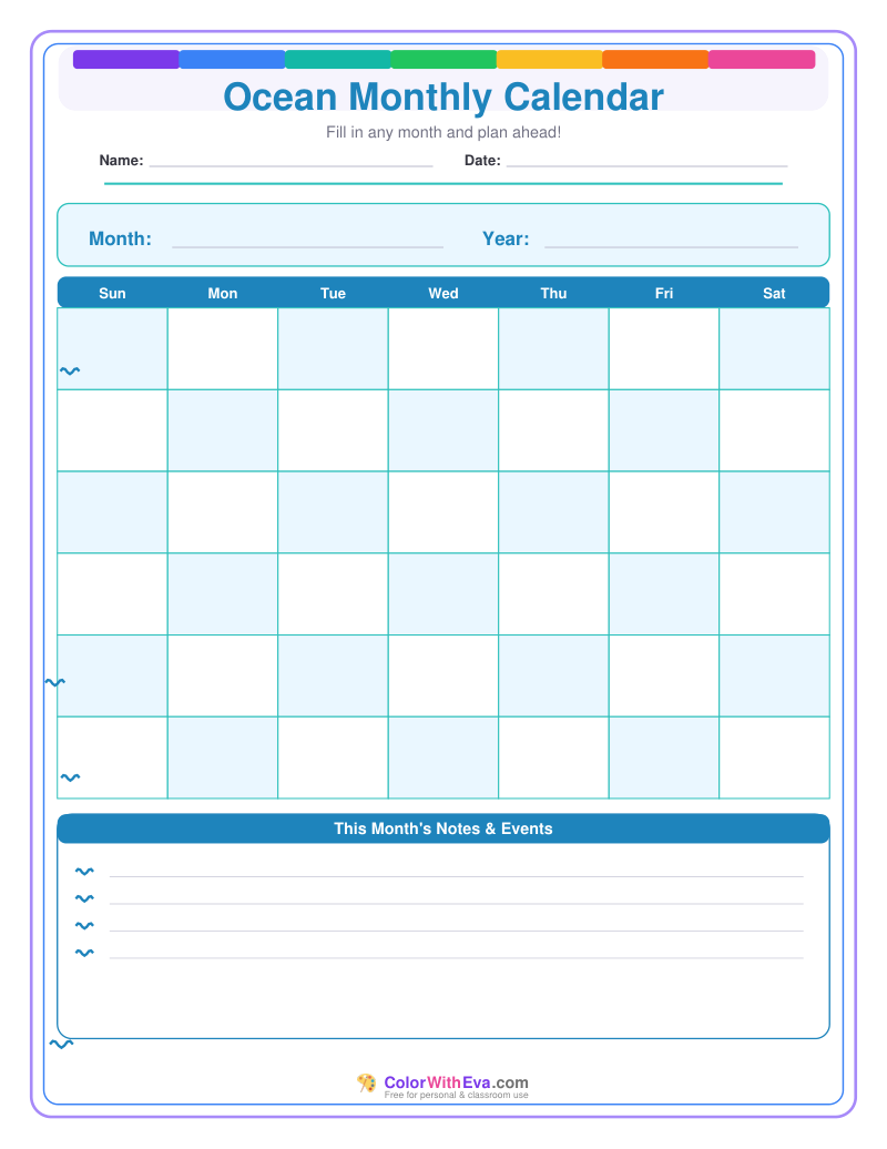 Ocean Monthly Calendar preview