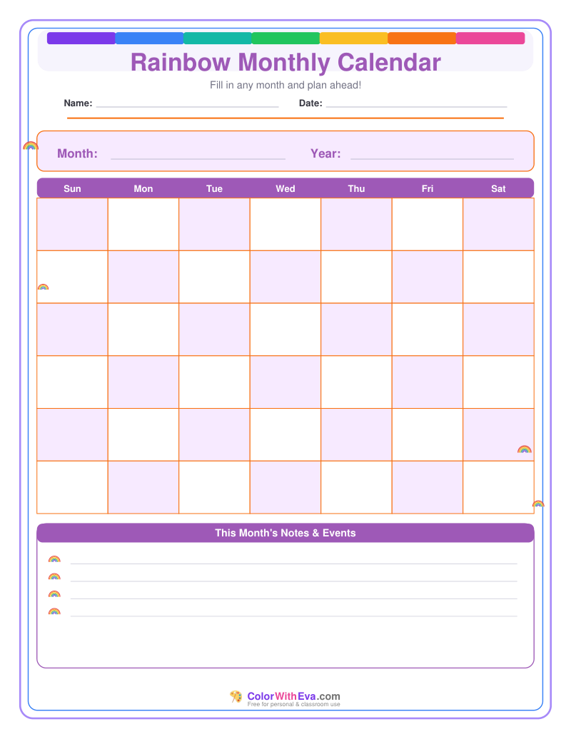 Rainbow Monthly Calendar preview