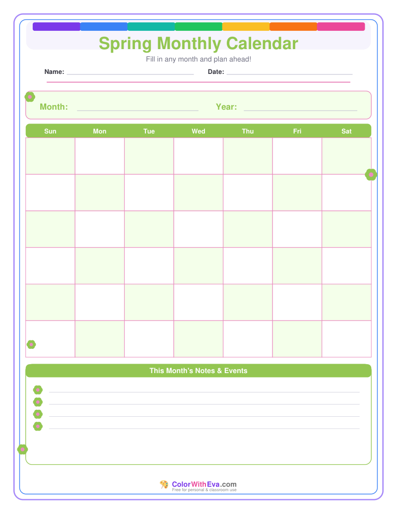 Spring Monthly Calendar preview