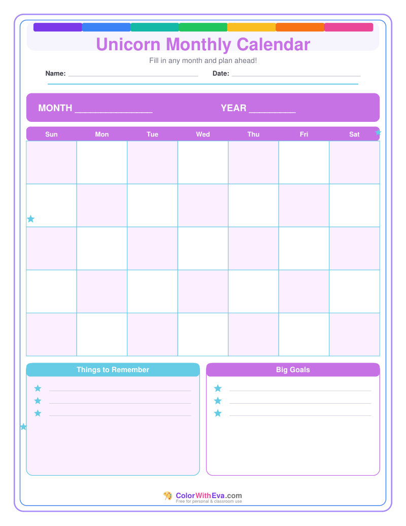 Unicorn Monthly Calendar preview