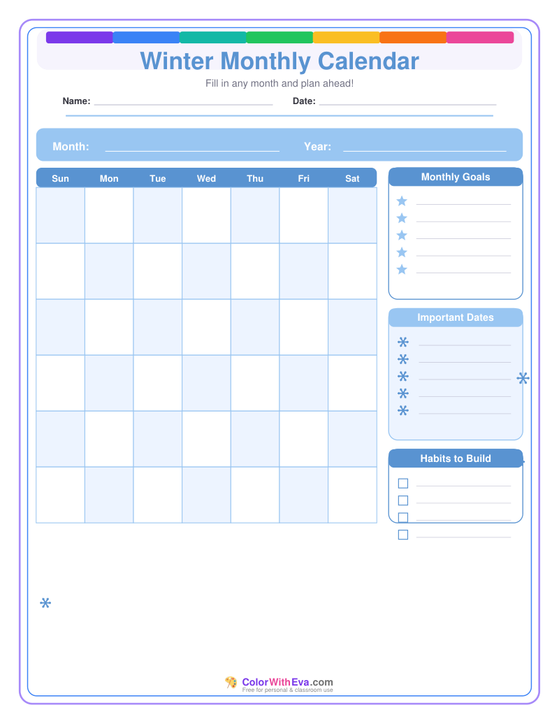 Winter Monthly Calendar preview