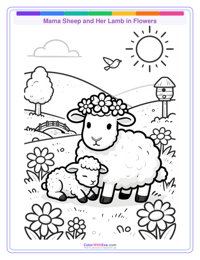 Mama Sheep and Her Lamb in Flowers thumbnail