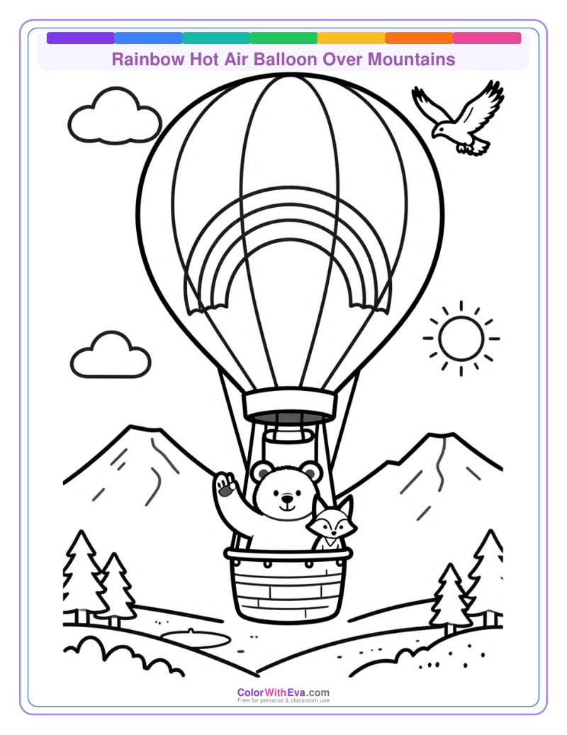 Rainbow Hot Air Balloon Over Mountains thumbnail