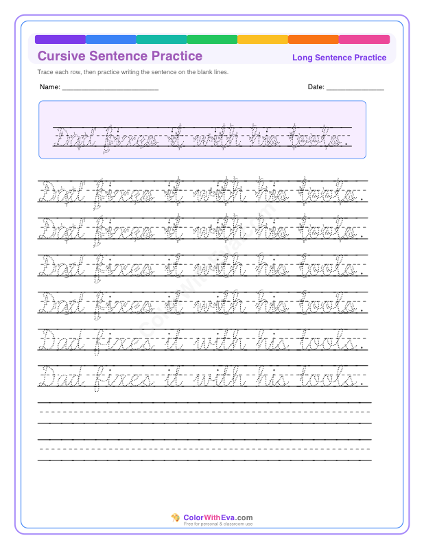 Cursive Sentence Practice: Dad fixes it with his tools. preview