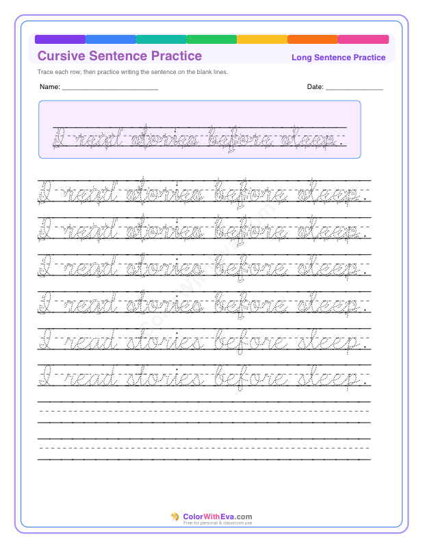 Cursive Sentence Practice: I read stories before sleep. thumbnail