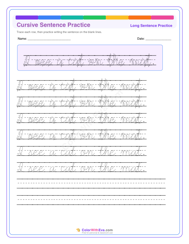 Cursive Sentence Practice: I see a cat on the mat. thumbnail