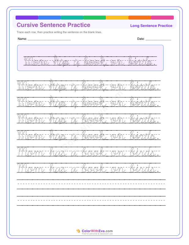 Cursive Sentence Practice: Mom has a book on birds. thumbnail