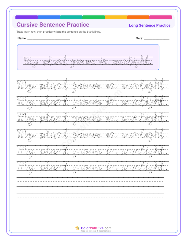 Cursive Sentence Practice: My plant grows in sunlight. thumbnail