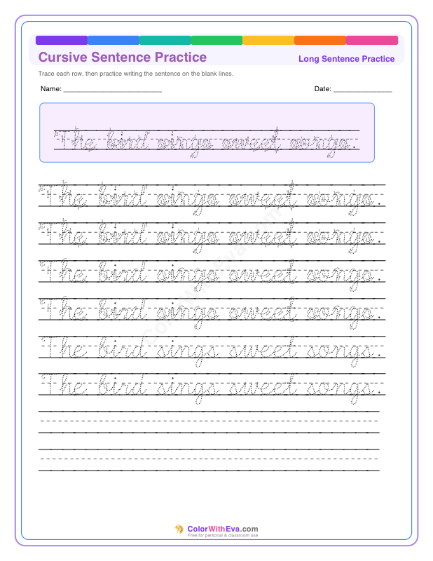 Cursive Sentence Practice: The bird sings sweet songs. thumbnail