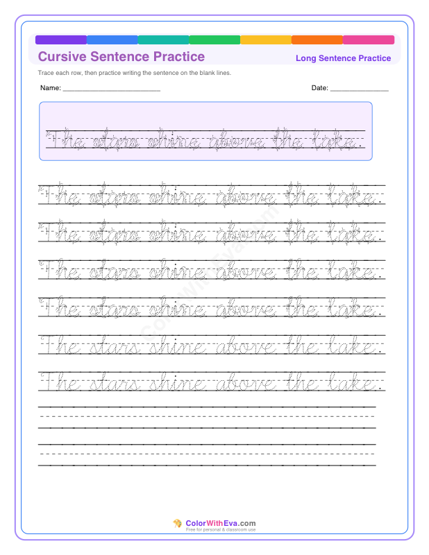Cursive Sentence Practice: The stars shine above the lake. thumbnail