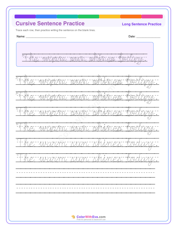 Cursive Sentence Practice: The warm sun shines today. thumbnail