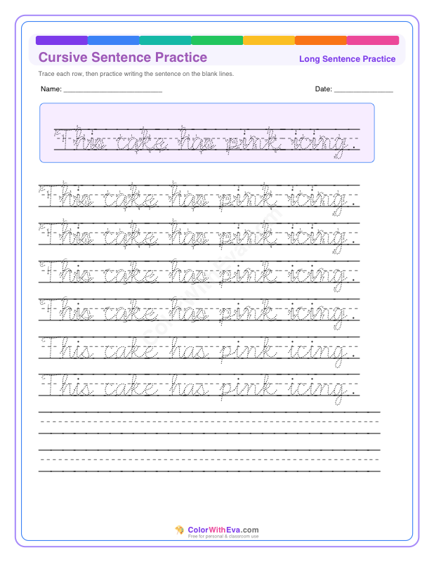 Cursive Sentence Practice: This cake has pink icing. thumbnail