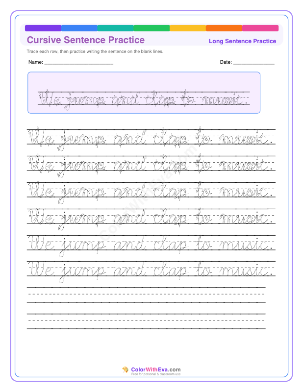 Cursive Sentence Practice: We jump and clap to music. thumbnail