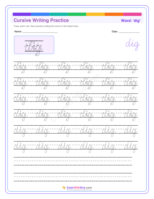 Cursive Writing Practice: dig preview