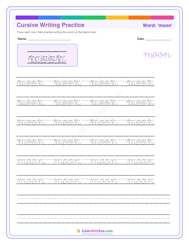 Cursive Writing Practice: moon preview