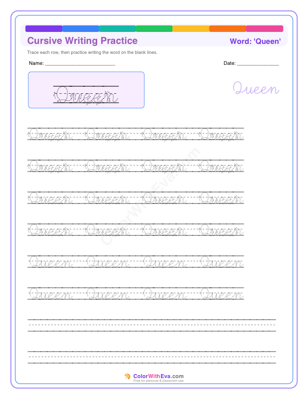 Cursive Writing Practice: Queen preview