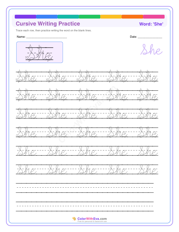 Cursive Writing Practice: She preview