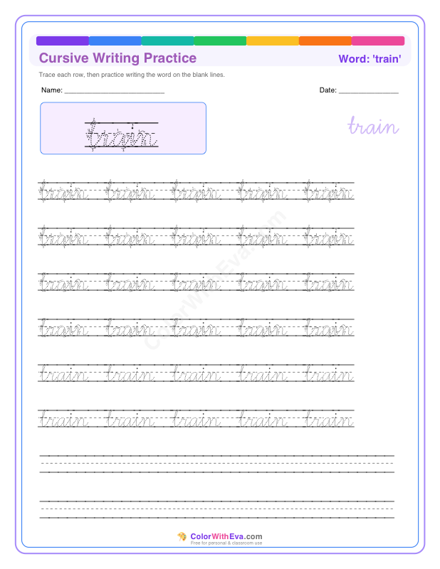 Cursive Writing Practice: train preview