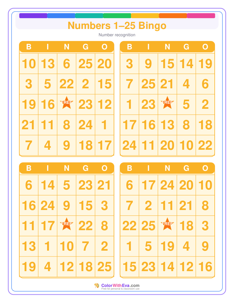 Numbers 1–25 Bingo preview