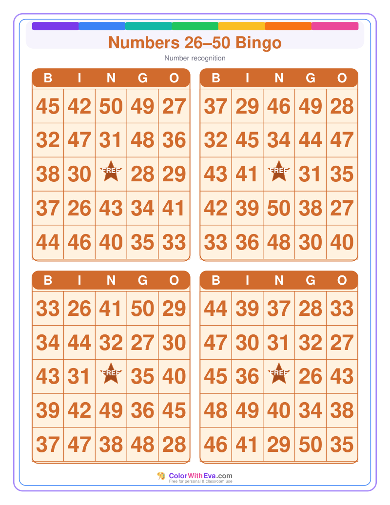 Numbers 26–50 Bingo preview