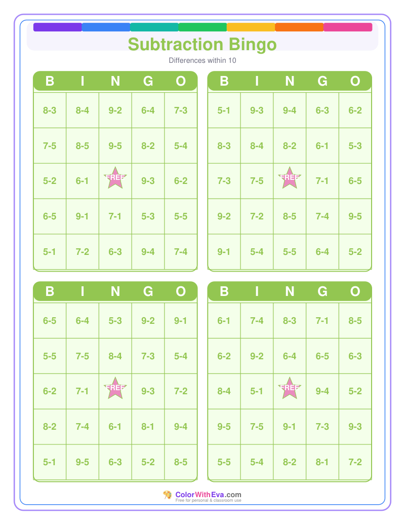 Subtraction Bingo preview