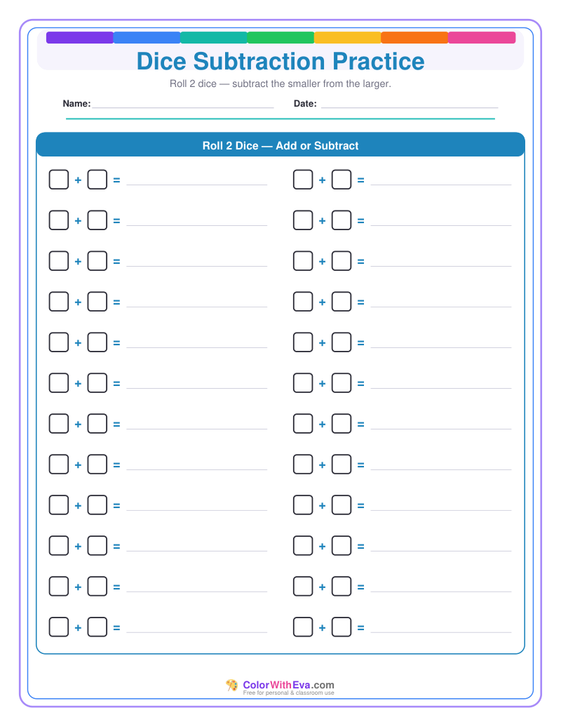 Dice Subtraction Practice preview