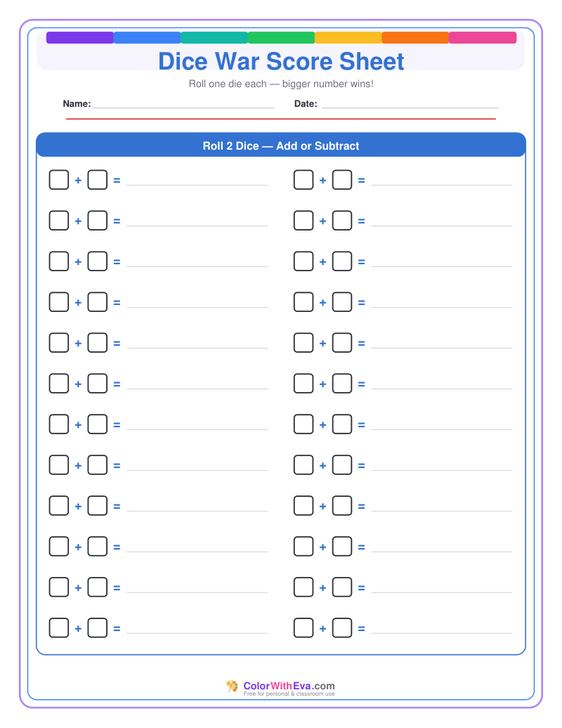 Dice War Score Sheet preview