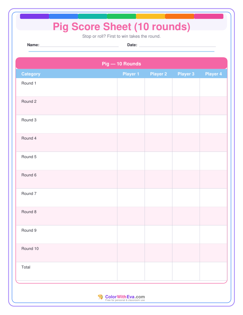 Pig Score Sheet (10 rounds) preview