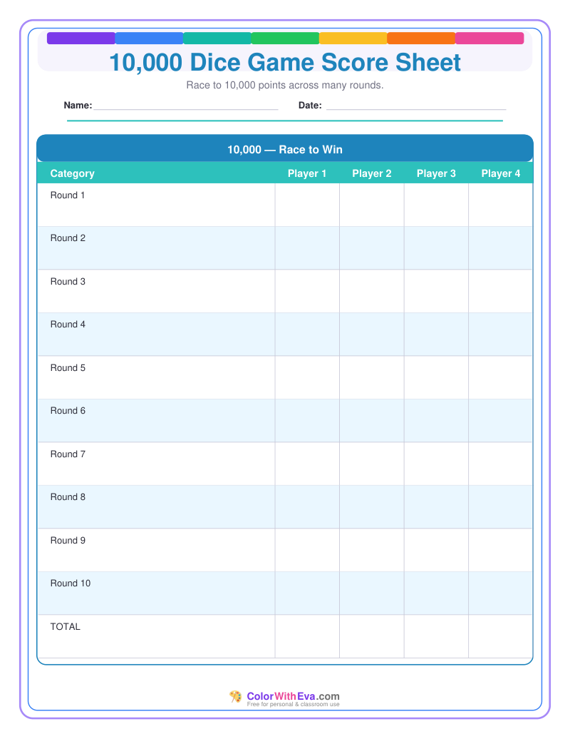 10,000 Dice Game Score Sheet preview