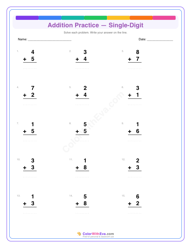 Addition Practice: Single-Digit (Set 2) thumbnail