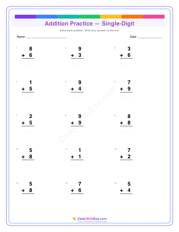 Addition Practice: Single-Digit (Set 3) preview