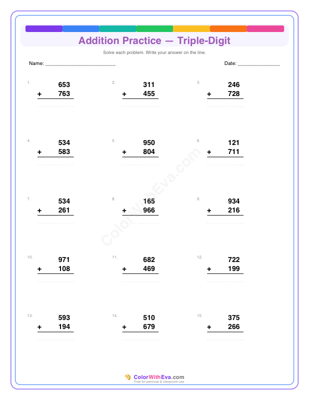 Addition Practice: Triple-Digit (Set 1) thumbnail