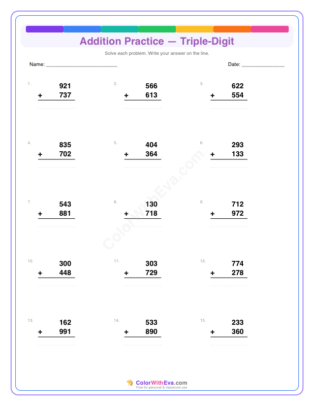 Addition Practice: Triple-Digit (Set 2) thumbnail