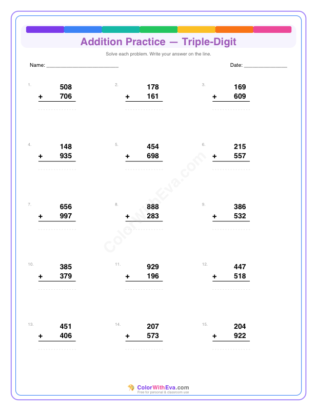 Addition Practice: Triple-Digit (Set 3) thumbnail