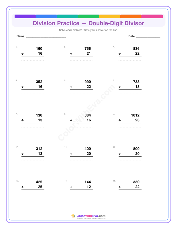 Division Practice: Double-Digit Divisor (Set 2) thumbnail