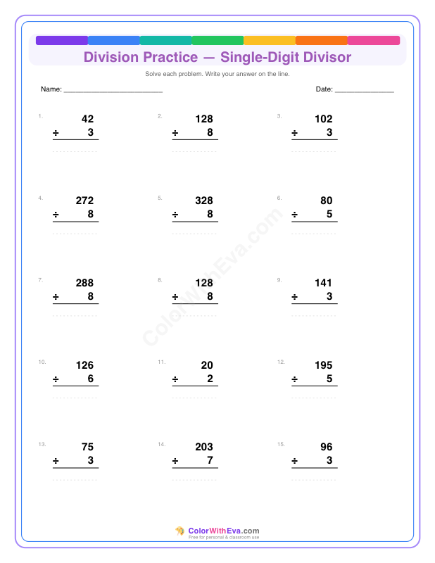 Division Practice: Single-Digit Divisor (Set 2) thumbnail
