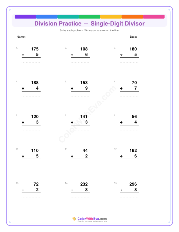 Division Practice: Single-Digit Divisor (Set 3) thumbnail