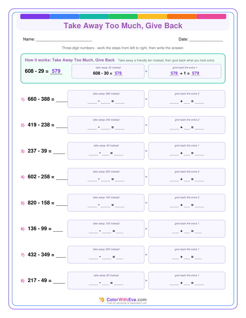 Take Away Too Much, Give Back: Subtraction Level 3 (Set 1) thumbnail