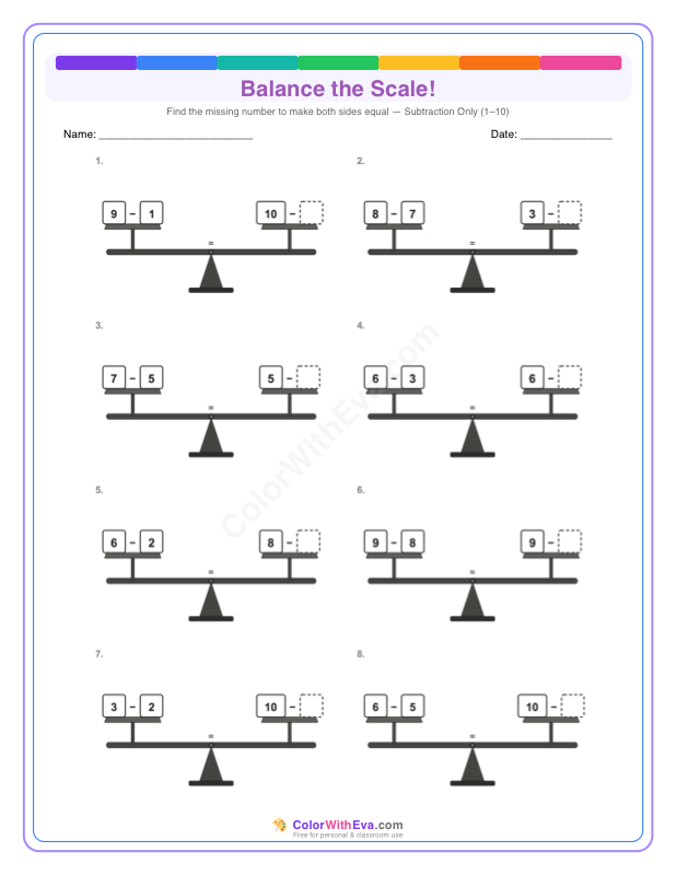 Balance the Scale: Subtraction Level 1 (Set 1) thumbnail