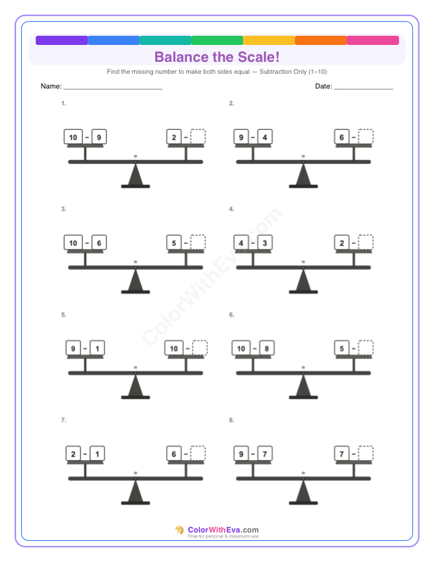 Balance the Scale: Subtraction Level 1 (Set 2) thumbnail