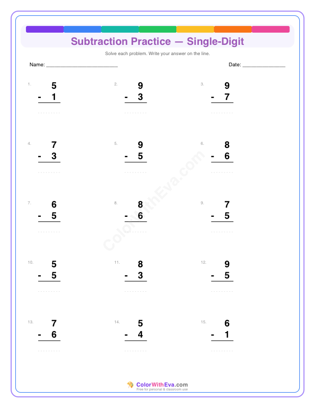 Subtraction Practice: Single-Digit (Set 1) preview