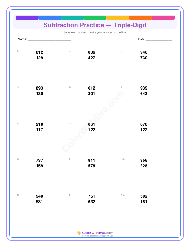 Subtraction Practice: Triple-Digit (Set 3) thumbnail