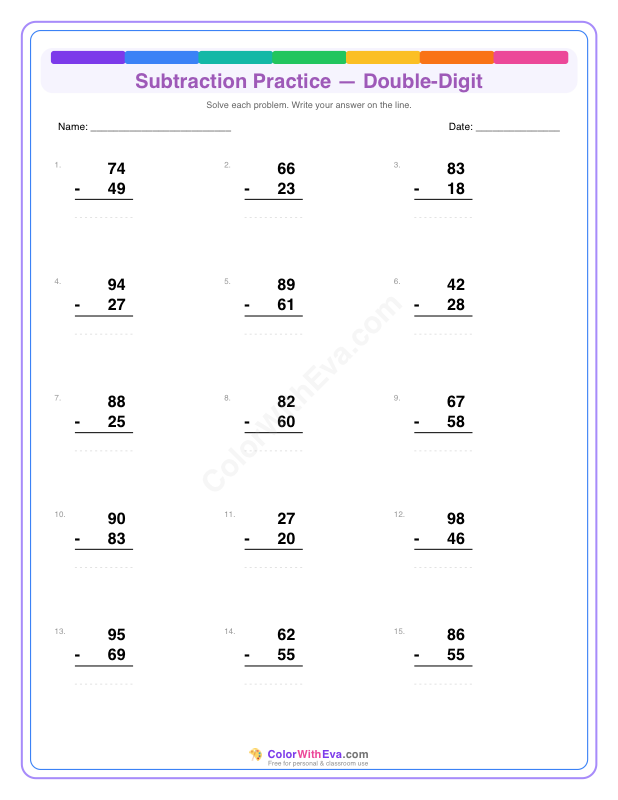Subtraction Practice: Double-Digit (Set 1) preview