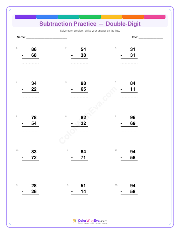 Subtraction Practice: Double-Digit (Set 3) thumbnail