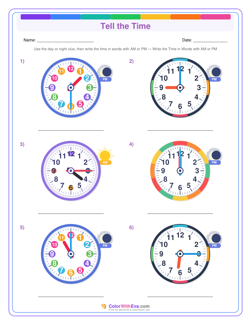 Telling Time: AM and PM in Words (Set 1) preview